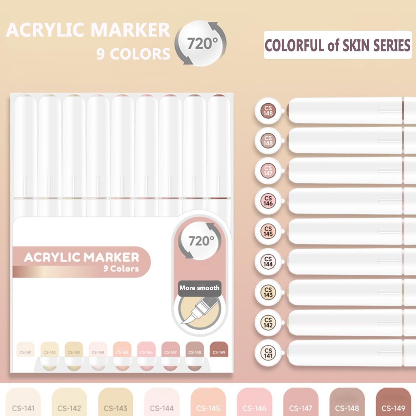 Water Based Acrylic Paint Markers, 9 Colors Acrylic Paint Pens Set with Soft Brush Tip, Marker Pen for Rock Painting, Egg, Wood, Glass, Paper, Acrylic Painter Ink (Colorful of Skin Series)