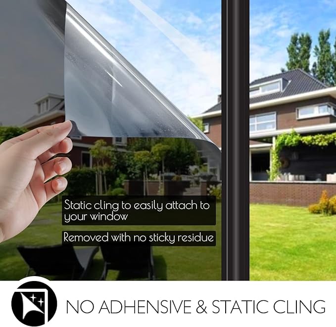 HIDBEA One Way Privacy Window Film, Daytime Mirror Reflective Heat Control UV Sun Blocking Non-Adhesive Static Cling Window Tint for Home and Office (Black-Silver, 23.6 Inch × 6.5 Feet)