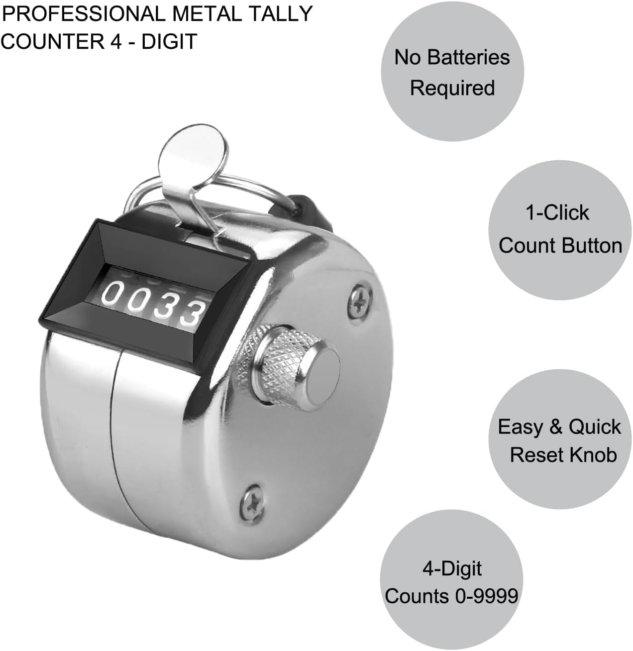 Metal Tally Counter Clicker Counter Handheld Pitch Counter, Manual Mechanical 4-Digit Number Click Counter, One Hand Counter Clicker Digital Counting for Coaching Knitting People Lap Fishing Golf&Row