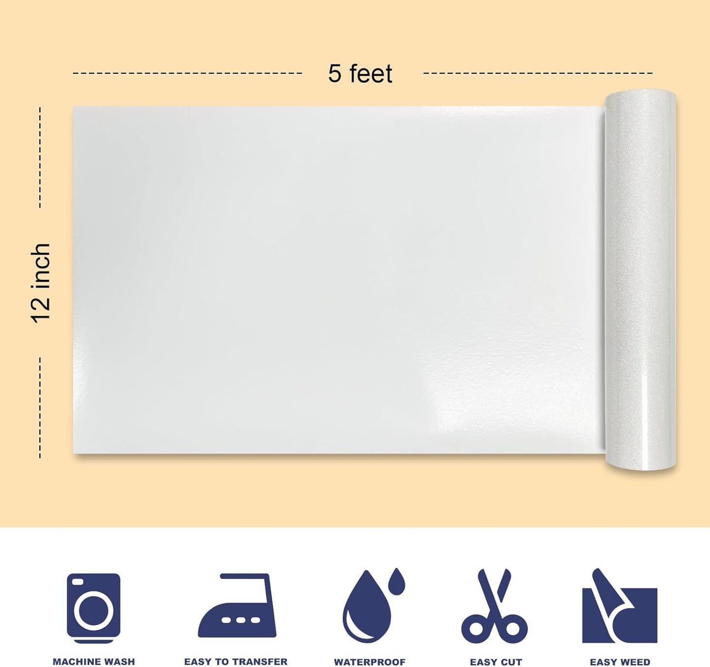 White Glitter HTV Heat Transfer Vinyl, 12" x 5ft lron on Vinyl, for T-Shirt Ironing, Vinyl HTV Easy to Cut and Weed, The Best Choice for DIY Creativity. (White, 12" x5ft)