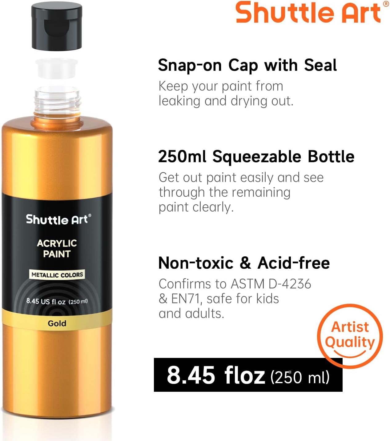 Shuttle Art 8 Colors Metallic Acrylic Paint, 250ml/8.45oz Bottles Acrylic Paint Set, Rich Metallic Shade, Bulk Painting Supplies for Artists, Beginners and Kids Painting on Rocks Crafts Canvas Wood