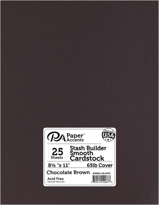 PA Paper Accents Stash Builder Cardstock 8.5" x 11" Chocolate Brown, 65lb colored cardstock paper for card making, scrapbooking, printing, quilling and crafts, 25 piece pack