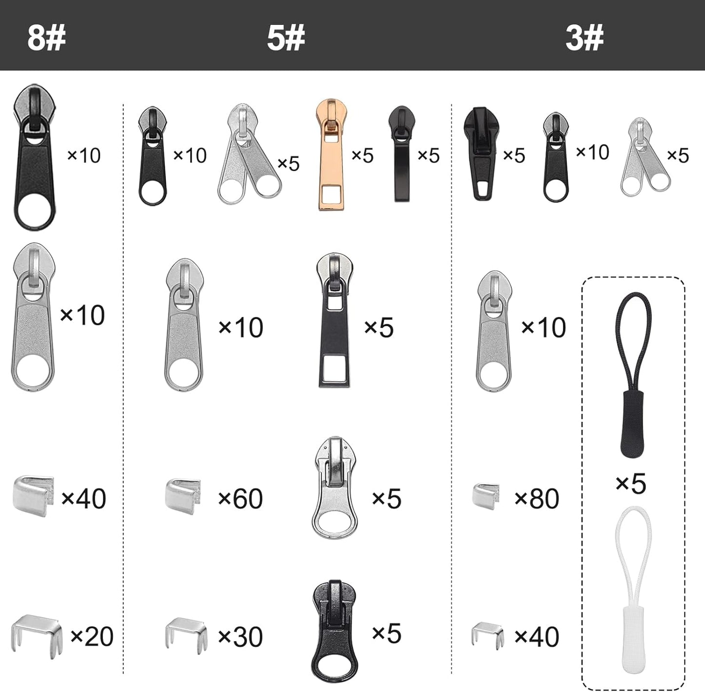JEXZON Zipper Repair Kit (380 Pieces), #3#5#8 Zipper Slider Replacement for Clothing, Jackets, Boots, Purses, Backpacks