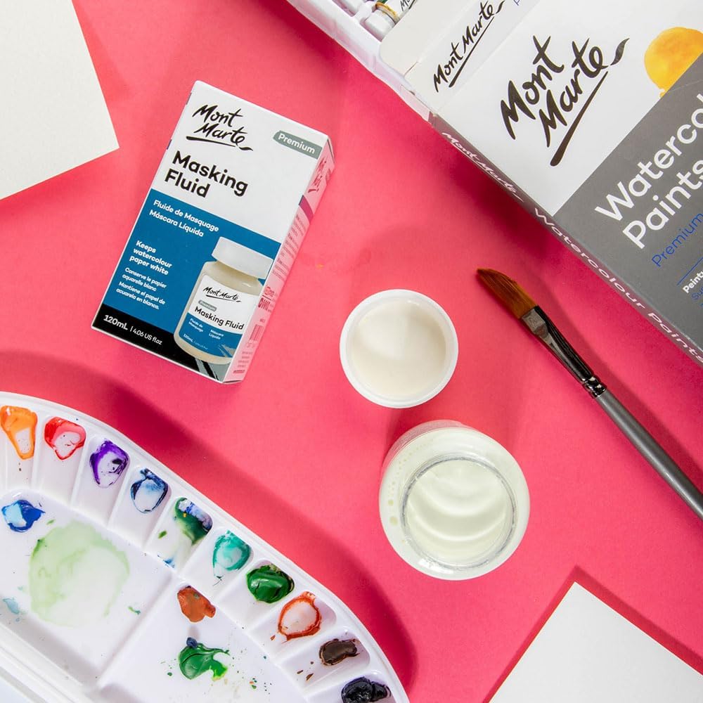 Mont Marte Masking Fluid Premium 120ml (4.06 US fl.oz), Masking Fluid for Watercolor Painting, Keeps Areas Free of Color And Edges Crisp, Resists Watercolor, Ink and Pouring Paint