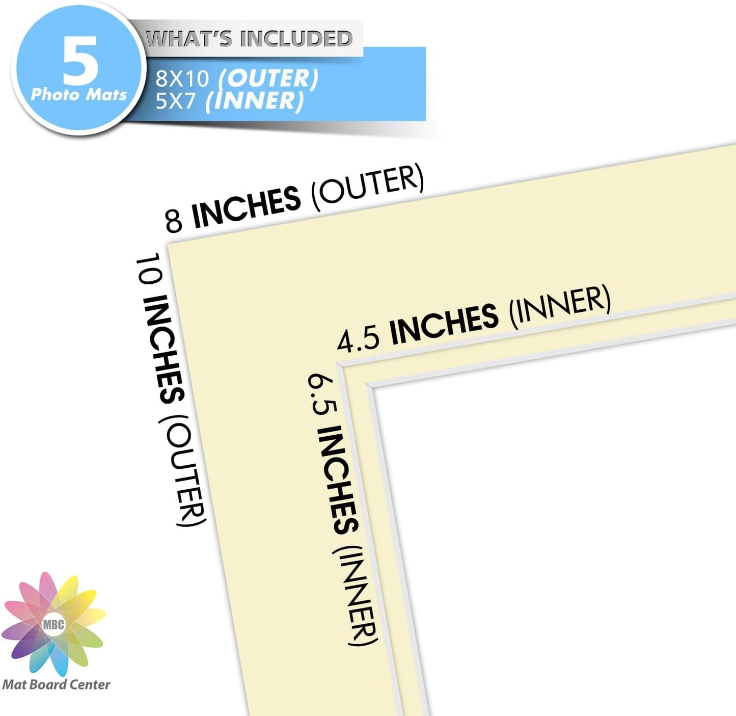 Mat Board Center, Double Mat - Acid Free, 8-ply Thickness, White Core - for Pictures, Photos, Framing (Ivory Over Ivory, 8x10 for 5x7, Pack of 5)