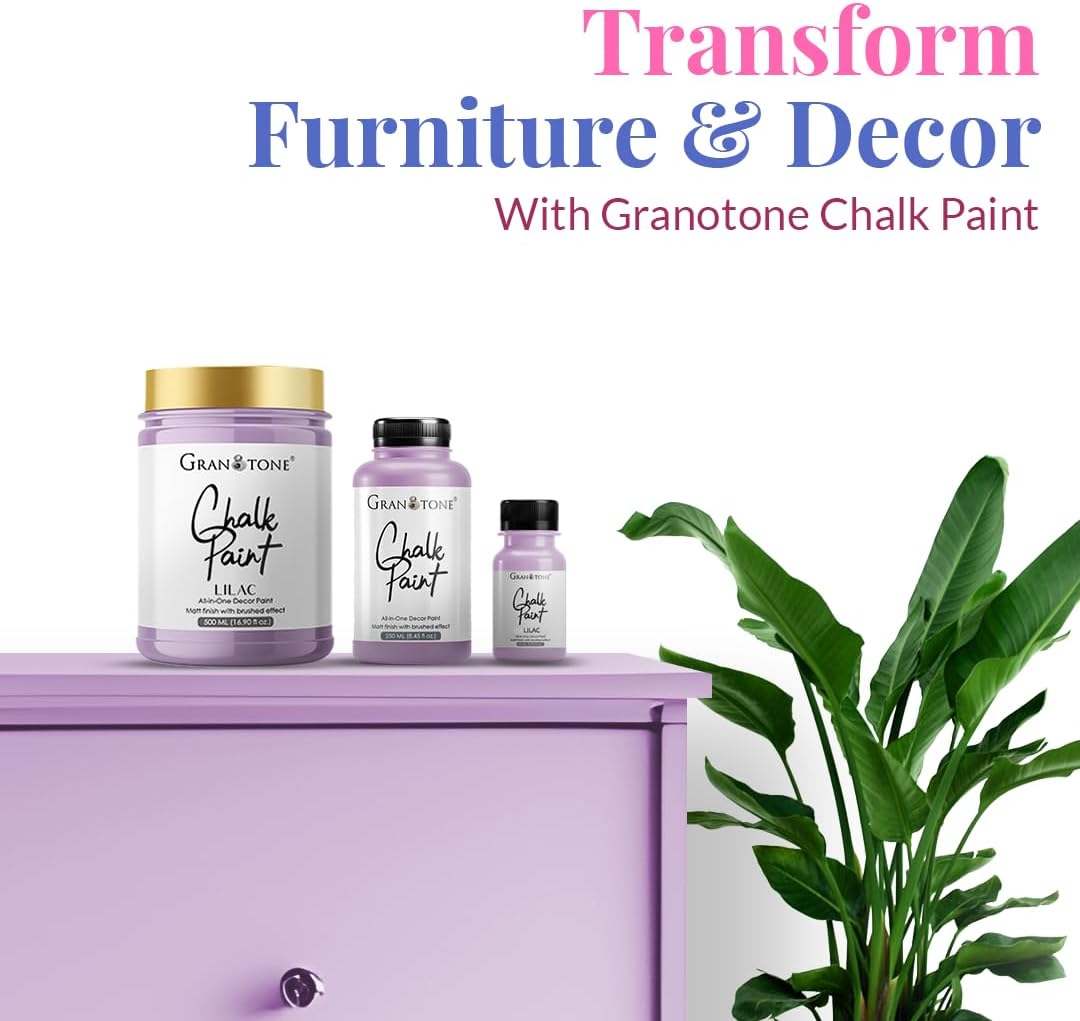 GRANOTONE Chalk Paint for Furniture | Matt-Finish Water-Based Acrylic Paint for Wood, Walls, Metal, Glass, Paper, Fabric Canvas | Maximum Coverage Chalk Paint for Kids & Adults, 500 Ml (LILAC)
