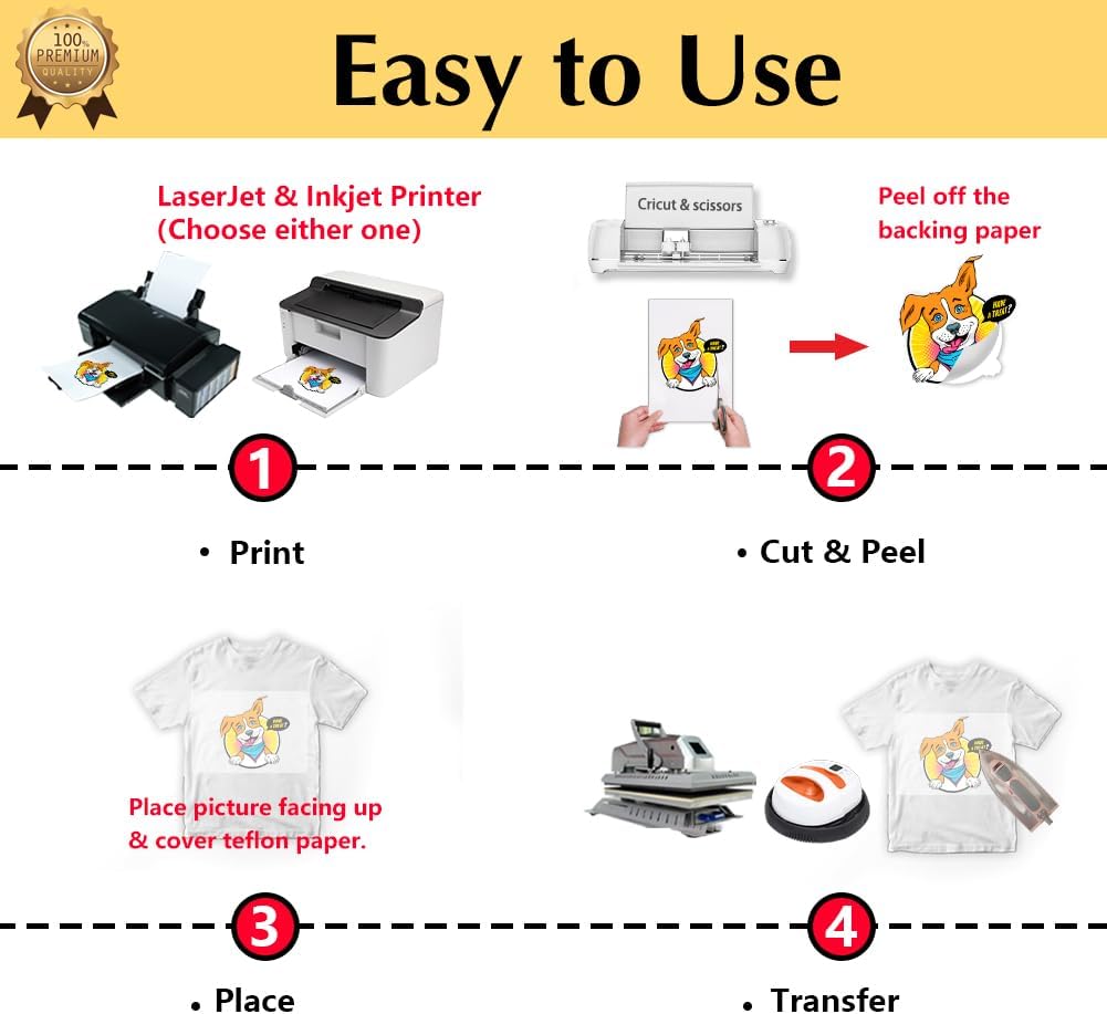 TransOurDream Tru-Heat Transfer Paper for Inkjet & Laserjet Printer (50 Sheets 8.5x11, 3.0) Printable HTV Heat Transfer Vinyl for T Shirts Iron on Transfers for Light Fabrics (L3-50)