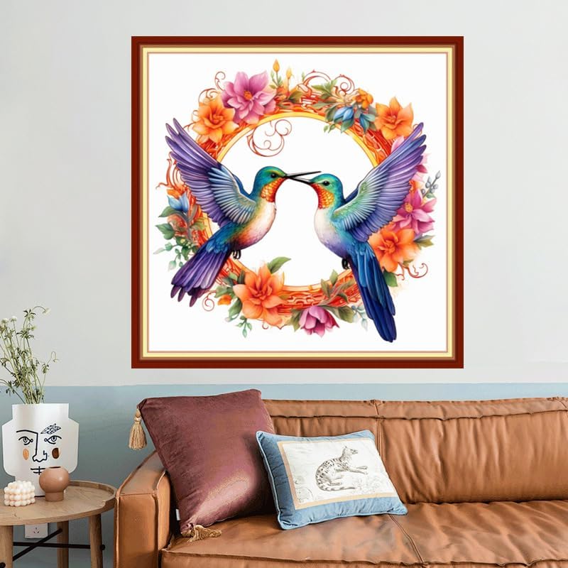 Joyhoor Stamped Cross Stitch Kits for Beginners, Needlepoint Kits for Adults, 11CT Counted Embroidery Kits-Hummingbird Wreath 18x18 inchs