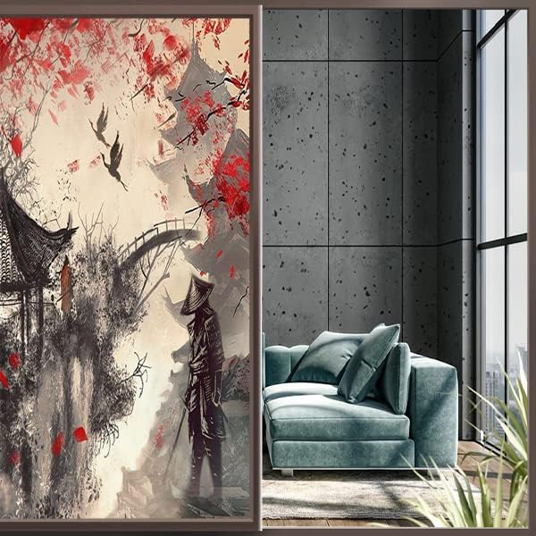 Vintage Japanese Samurai Air Window Film Watercolor Ink Ancient Cherry Blossom Red Sunblackout Window Film,Playroom Window Film 35.4Wx78.7L-Inch X1Pcs