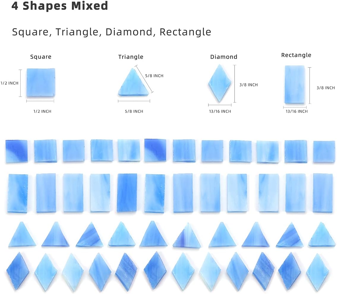 Lanyani 200pcs Glass Mosaic Tiles - Mixed Colorful Shapes: Square, Rectangle, Diamond, Triangle - Ocean Blue