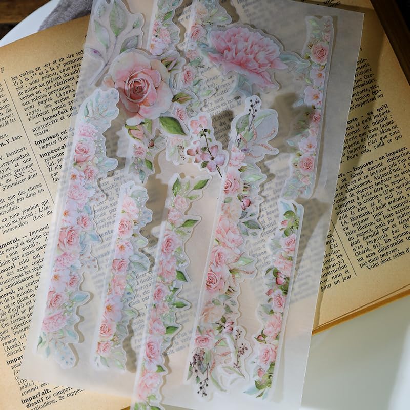 Vintage Vellum Stickers Floral Plants Elements Scrapbooking Supplies Flowers Botanic Natural Translucent Paper Self-Adhesive Junk-Journal Items (Rose)