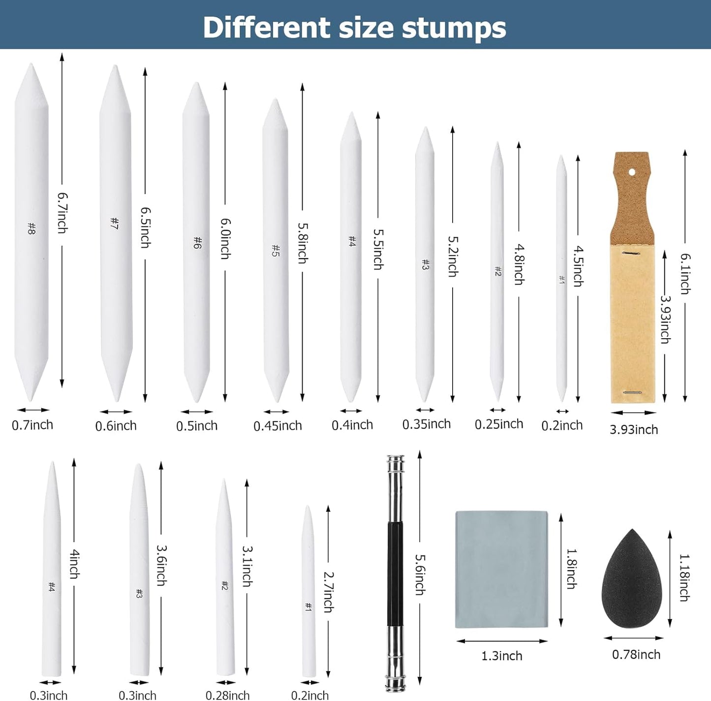 AGPTEK 48 PCS Sketch Drawing Tools, 20 Blending Stumps Set and 2 Sandpaper Pencil Sharpeners, Pencil Extension, Erasers,20 sponge replacement heads & 1 Felt Bag for Student Sketch Drawing Accessories