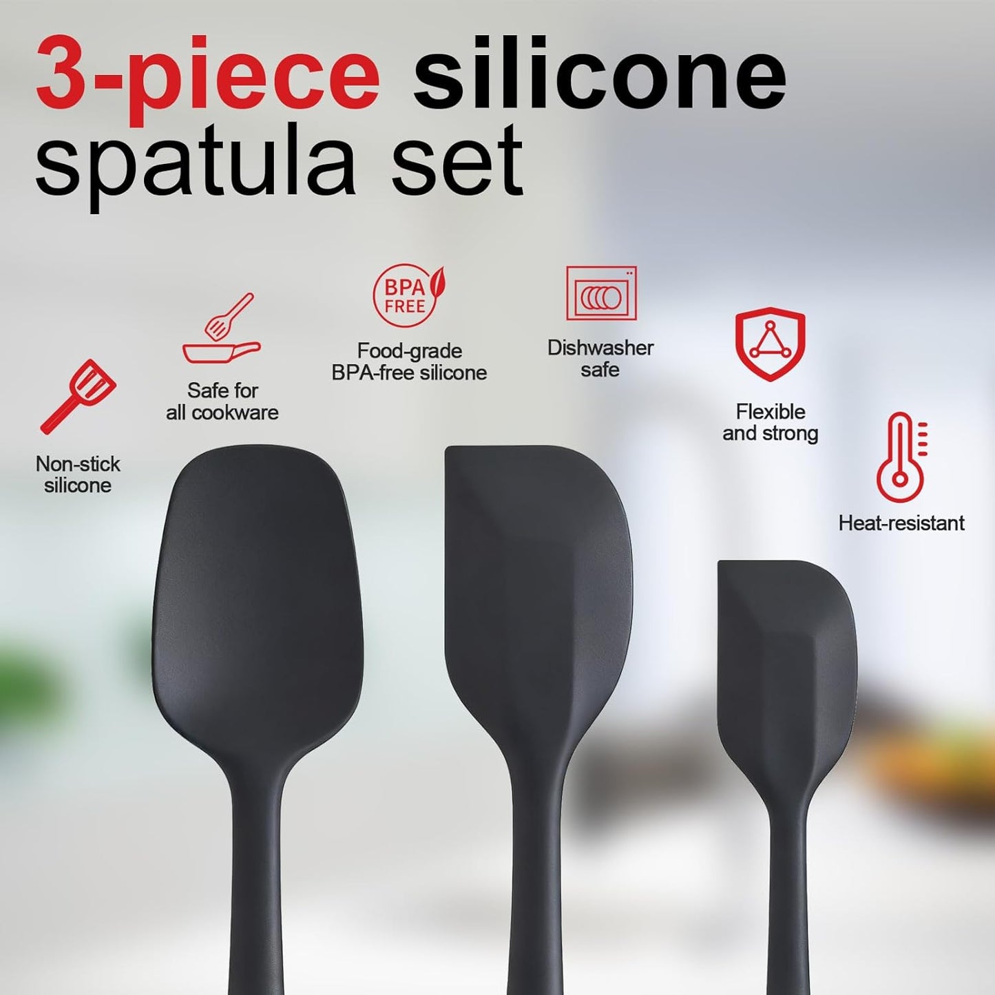 Silicone Spatula Set - Rubber Spatula - 600°F Heat Resistant Baking Spoon & Spatulas(Black)