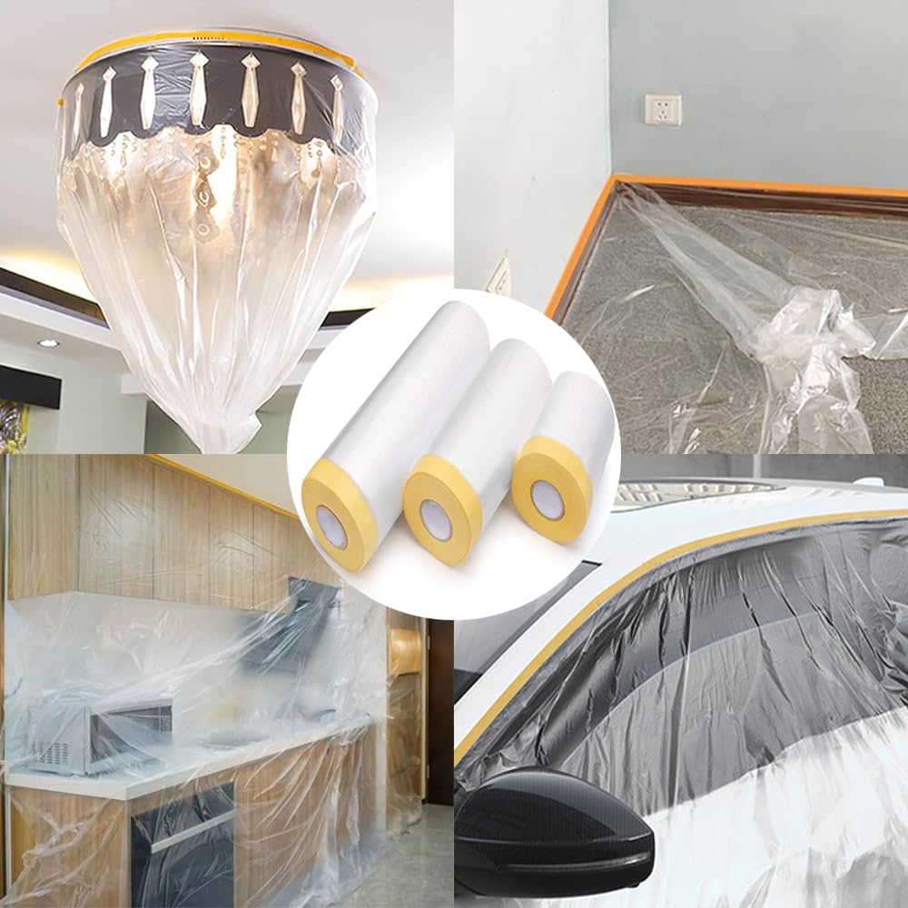 Pre-Taped Masking Film-22inx65ft Tape and Drape Painters Plastic Rolls, Plastic Painting Film for Automotive Painting Covering,Protective Drop Film for Furniture, Car, Floor (6rolls, 22in×65ft)