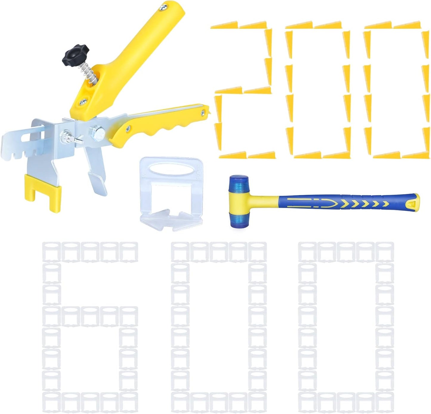 Tile Leveling System with Tile Plier 600Pcs Piece Tile Spacers Clips 200Pcs Piece Reusable Wedges and 1 Rubber Mallet Tile Tools Set for Stone Installation (1/8"(3.0 mm)