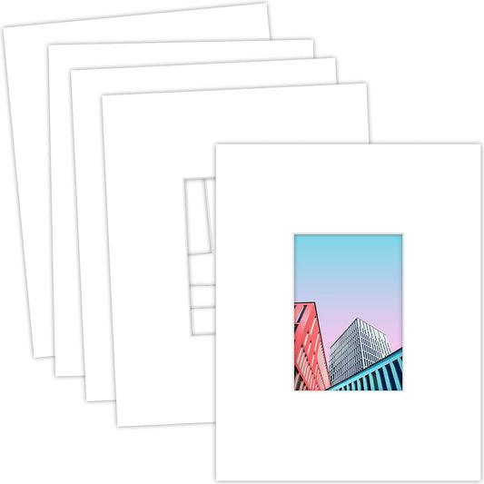 MBC Mat Board Center, 5 Pack 11x14 for 5x7 White Picture Mats Frame Mattes, Bevel Cut, Acid Free, 4-ply Thickness