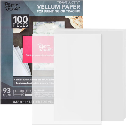 Paper Junkie Vellum Paper - 8.5 x 11 in, 100 Sheets White Translucent - Translucent & Transparent Printer Sheets for Inkjet & Laser - Printable Tracing Paper for Invitations, Sketching & Drawing