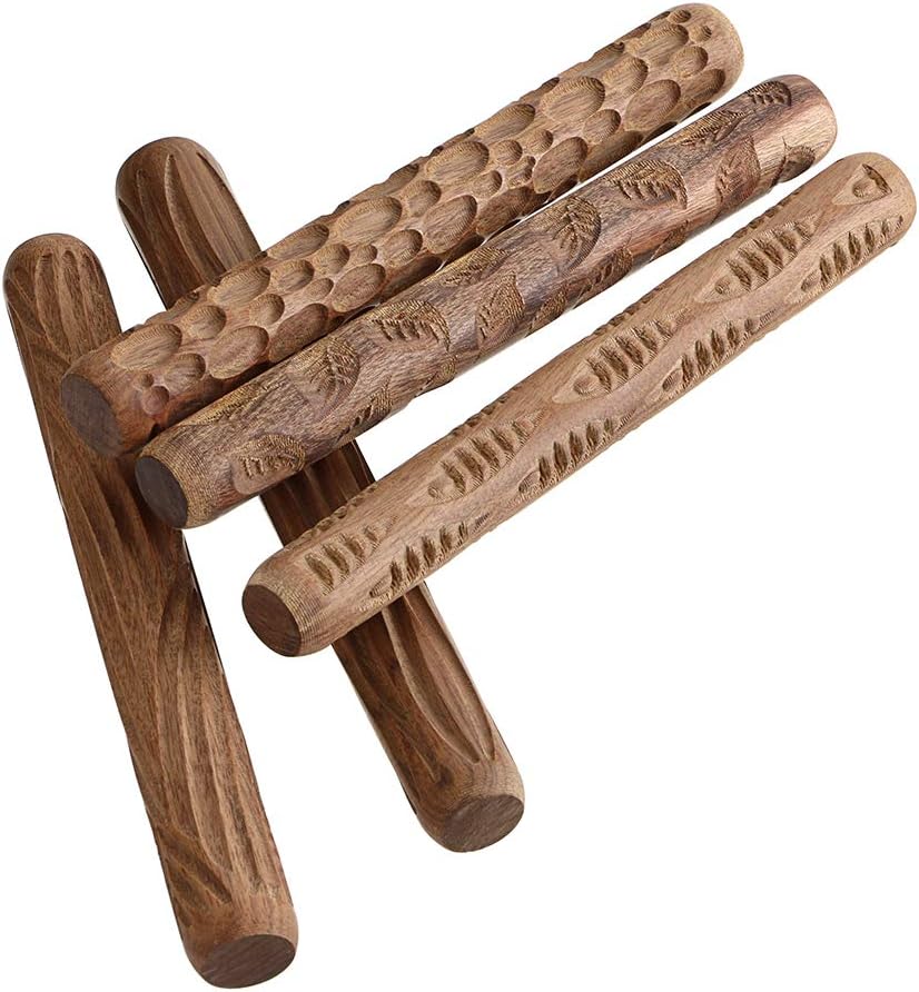 OwnMy Set of 5 Clay Modeling Pattern Rollers Kit, Fish Leaves Cobblestone Ripple Wood Grain Pattern 4.7 in Clay Rolling Pin Textured Hand Roller Wooden Handle Pottery Tools Set