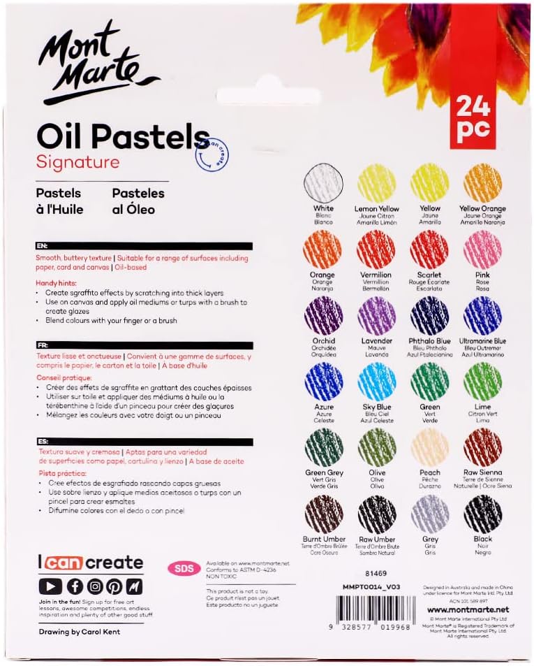 Mont Marte Oil Pastels Signature 24pc, 24 Assorted Colors, Vibrant Oil Pastel Set, Great Blending and Layering, Ideal for Art, Craft, Coloring and Sketching