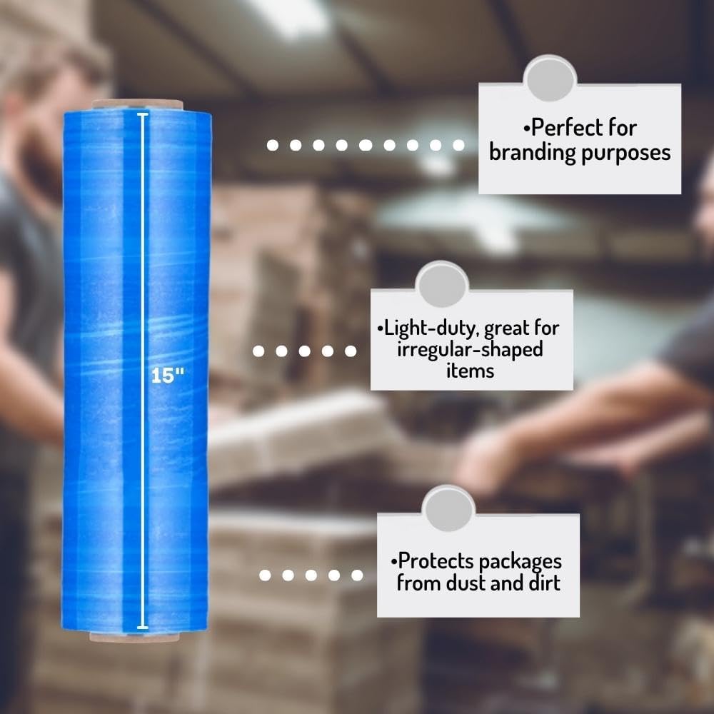 PSBM Blue Stretch Wrap, 15 Inch x 1476 Feet, 8 Pack, Tinted Pre-Stretched Shrink Wrap Film for Moving, Packaging, Pallet Wrapping