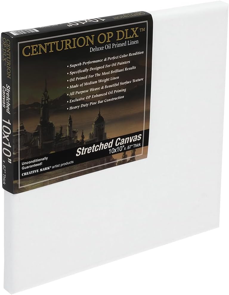 Centurion Deluxe Professional Oil Primed Linen Stretched Canvas, 11oz Linen, 10x10 - Box of 6, 0.67" Deep Canvases, Kiln-Dried Stretchers, Back Stapled, Premium Medium Weight Canvas for Oil Paintings
