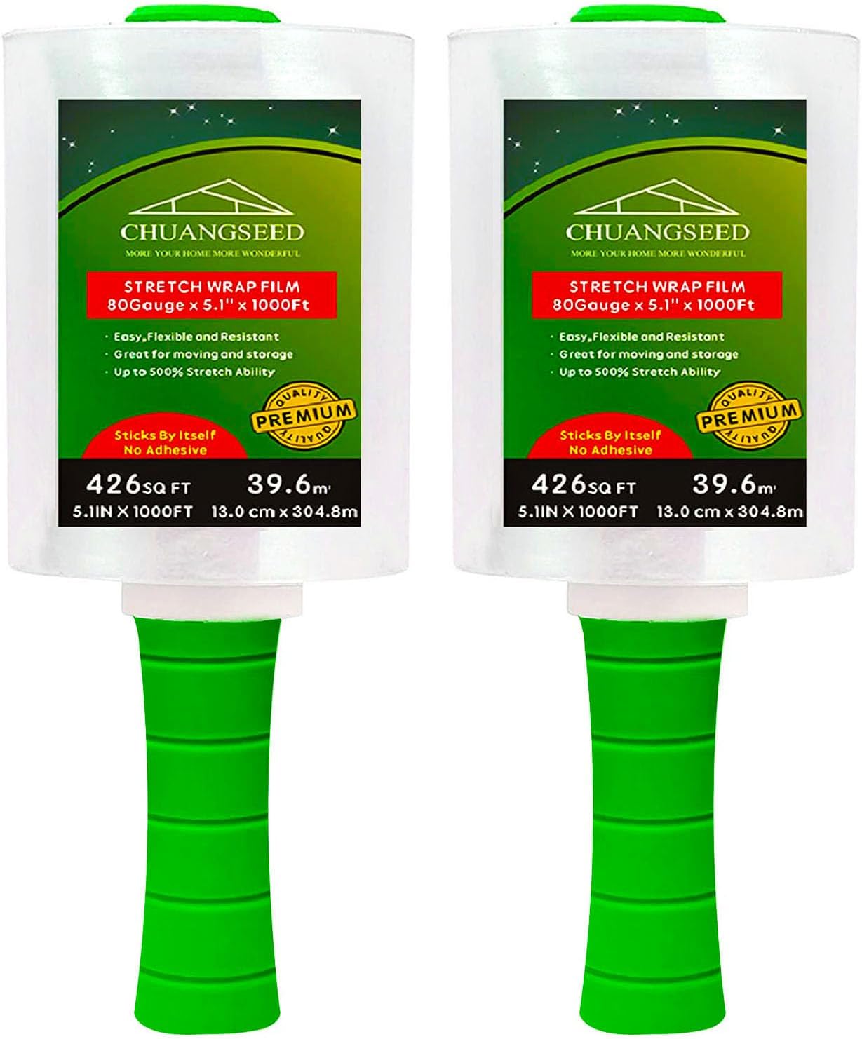 2-Pack Industrial Mini Clear Stretch Wrap Film 80 Gauge 5.1" 1000ft for Pallet Wrap with Plastic Handle,Durable Self-Adhering Packing,Moving,Packaging,Heavy Duty Shrink Film Chuangseed