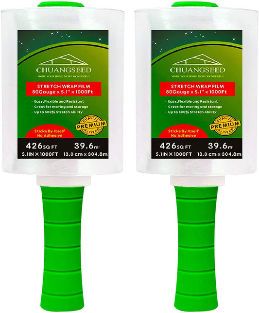 2-Pack Industrial Mini Clear Stretch Wrap Film 80 Gauge 5.1" 1000ft for Pallet Wrap with Plastic Handle,Durable Self-Adhering Packing,Moving,Packaging,Heavy Duty Shrink Film Chuangseed