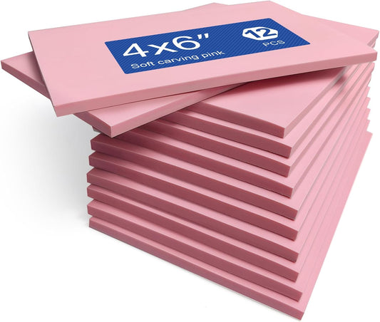 Falling in Art 4 x 6" Pink Rubber Carving Blocks, 12 Pack Soft Linoleum Blocks for Printmaking, Stamp Making, and DIY Crafting, 4/17" Thick