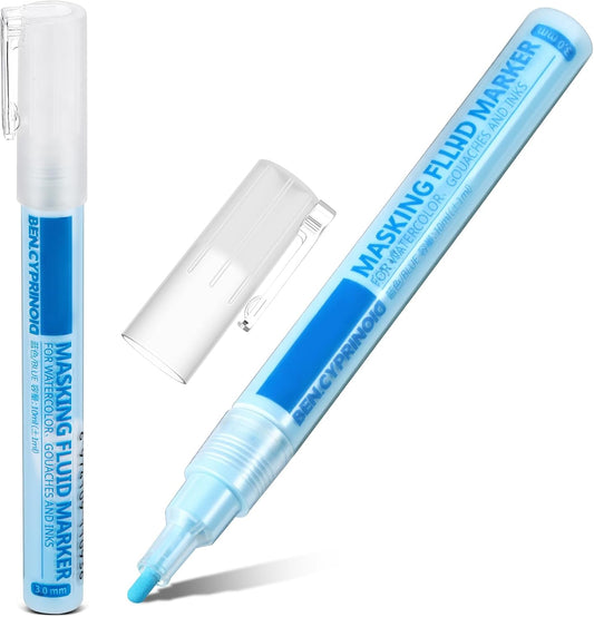 2 Pcs Masking Fluid Pen for Watercolor Painting, Capacity with Applicator Tip, Masking Fluid Marker for Various Art Projects Watercolor Ink(Blue,3mm)