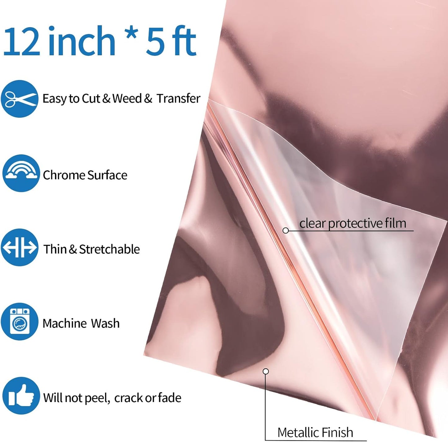 VINYL FROG Metallic Foil HTV Vinyl Roll 12" x5ft Rose Gold Chrome Iron on Vinyl Easy to Cut & Weed Heat Transfer Vinyl DIY Heat Press Design for T-Shirts