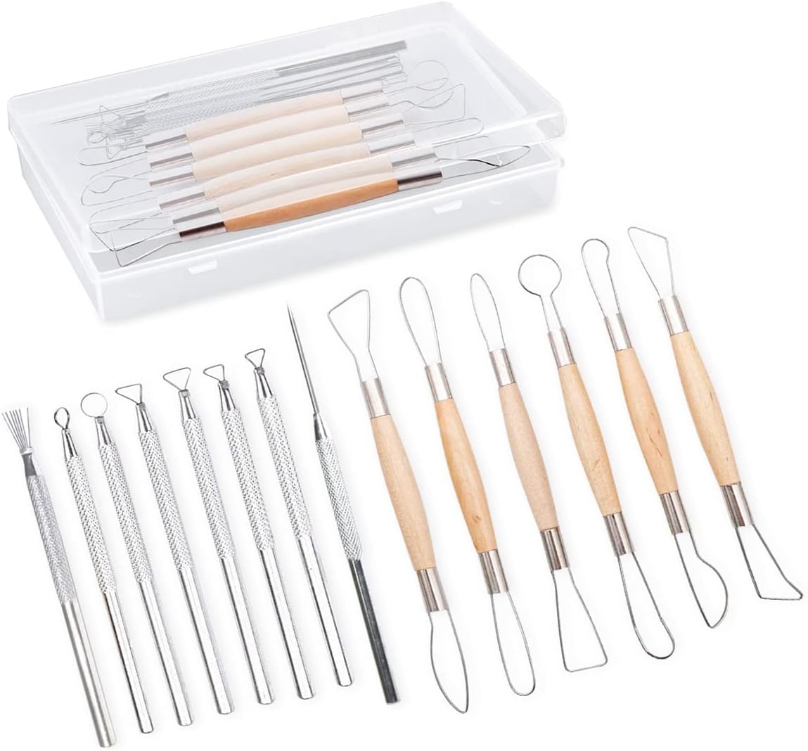 14PCS Ceramic Pottery Clay Ribbon Sculpting Tool Kit with Feather Wire Texture and Needle Detail Tools for Carving,Modeling,by Augernis