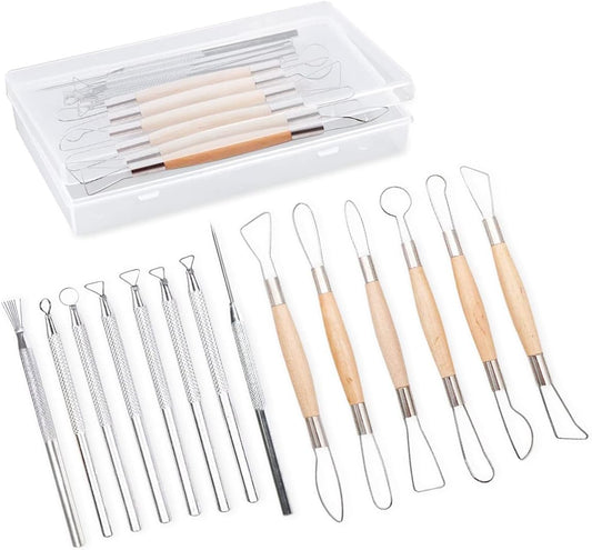 14PCS Ceramic Pottery Clay Ribbon Sculpting Tool Kit with Feather Wire Texture and Needle Detail Tools for Carving,Modeling,by Augernis