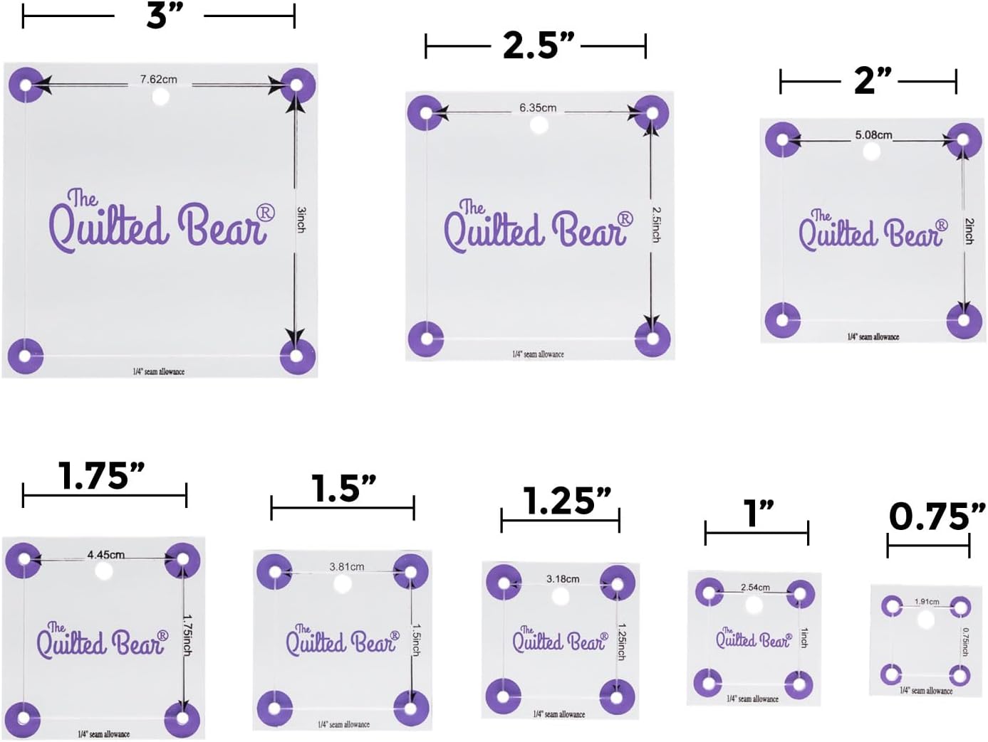The Quilted Bear Square Quilting Templates – 8 Clear Non-Slip Acrylic Quilt Templates for Precise Fabric Cutting & Stress-Free Machine Quilting - Ideal for Quilt & Sewing Supplies (¾–3")