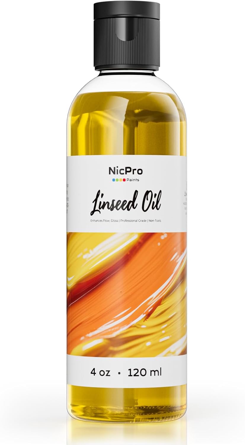 Nicpro Linseed Oil for Painting, 4oz Refined Linseed Oil Medium for Thinning Oils, Artists, Painting Thinner, Professionals to Enhance Flow, Translucency & Gloss