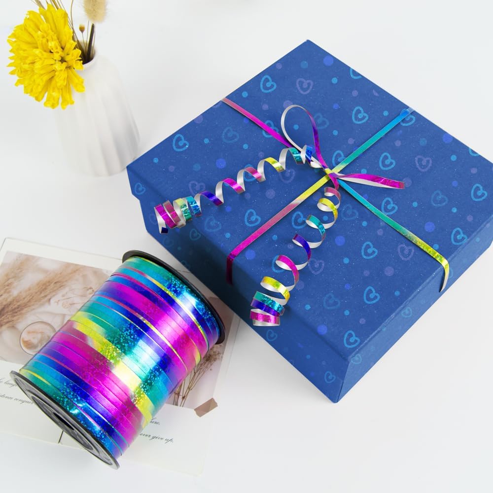 KMER LIFE Premium Rainbow Shiny Curling Shiny Ribbon, 1/5" Wide x 500 Yards Christmas Curling Ribbons for Gift Wrapping, Party Decoration, Balloon String, Ribbons for Florist Flower (1 Roll)
