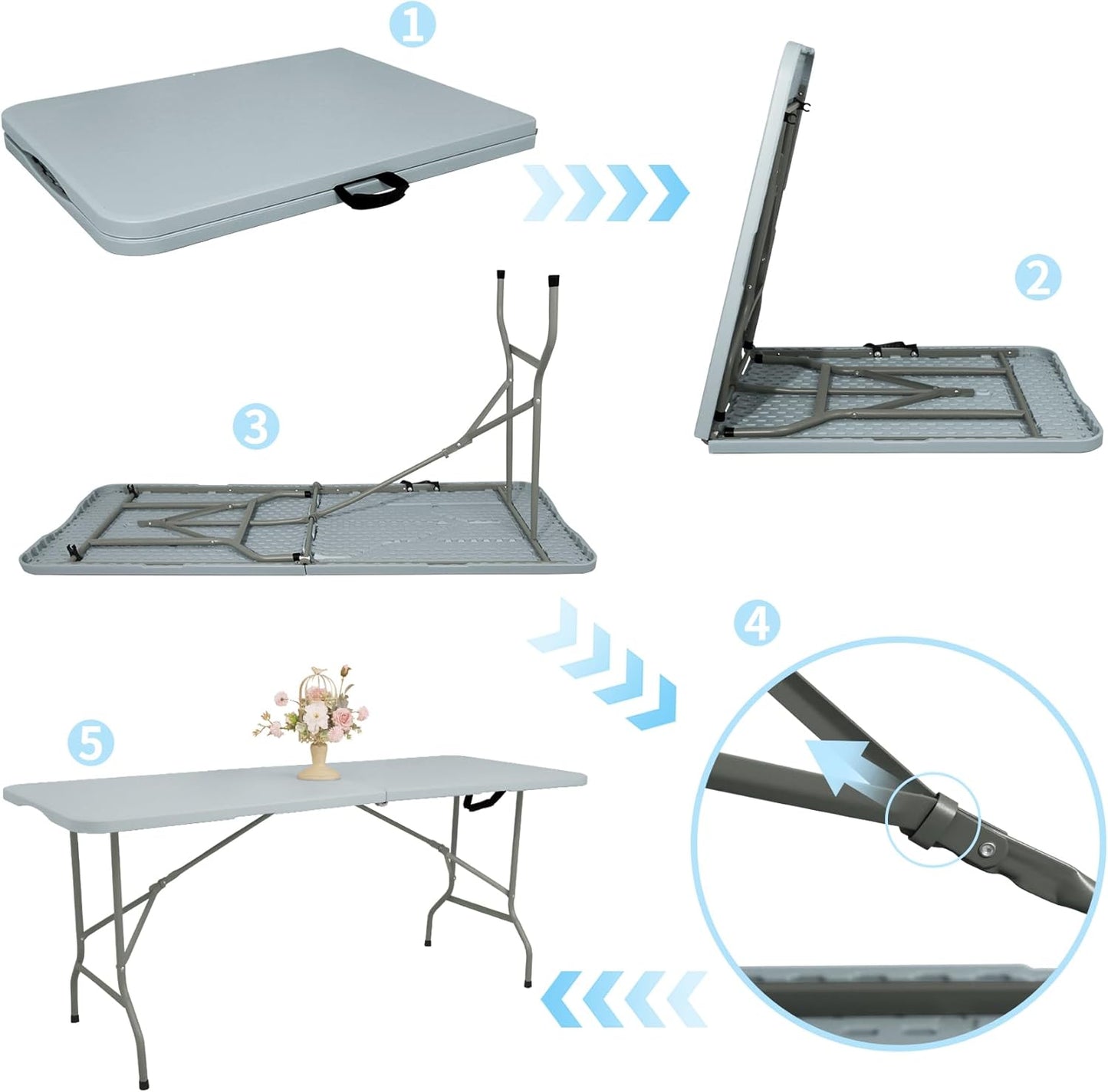 Folding Table 6 FT Camping Table Portable Plastic Rectangular Outdoor Dining Table Steel Legs Fold-in-Half with Carrying Handle for Indoor,Picnic,Party,Wedding,Events(Grey)