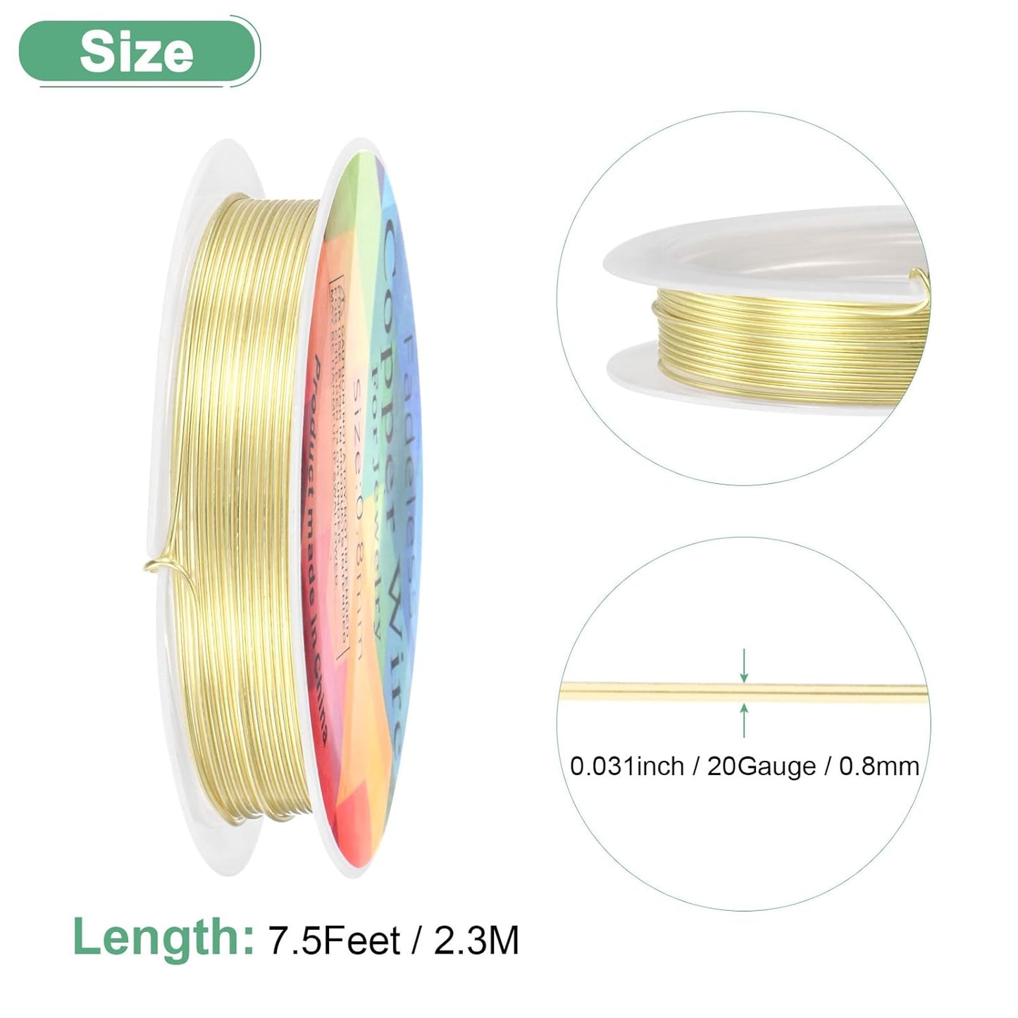 0.8 mm/20 Gauge Copper Wire for Jewelry Making, 7.5FT Copper Beading Craft Wire for Jewelry/Weaving/DIY Crafting/Planting, Color-Retaining [2.3 M, Light Golden]