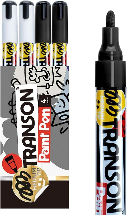 TRANSON 2 Black and 2 White Permanent Paint Markers for Fabric Rock Craft Diy Painting Medium Tip Oil Based Waterproof