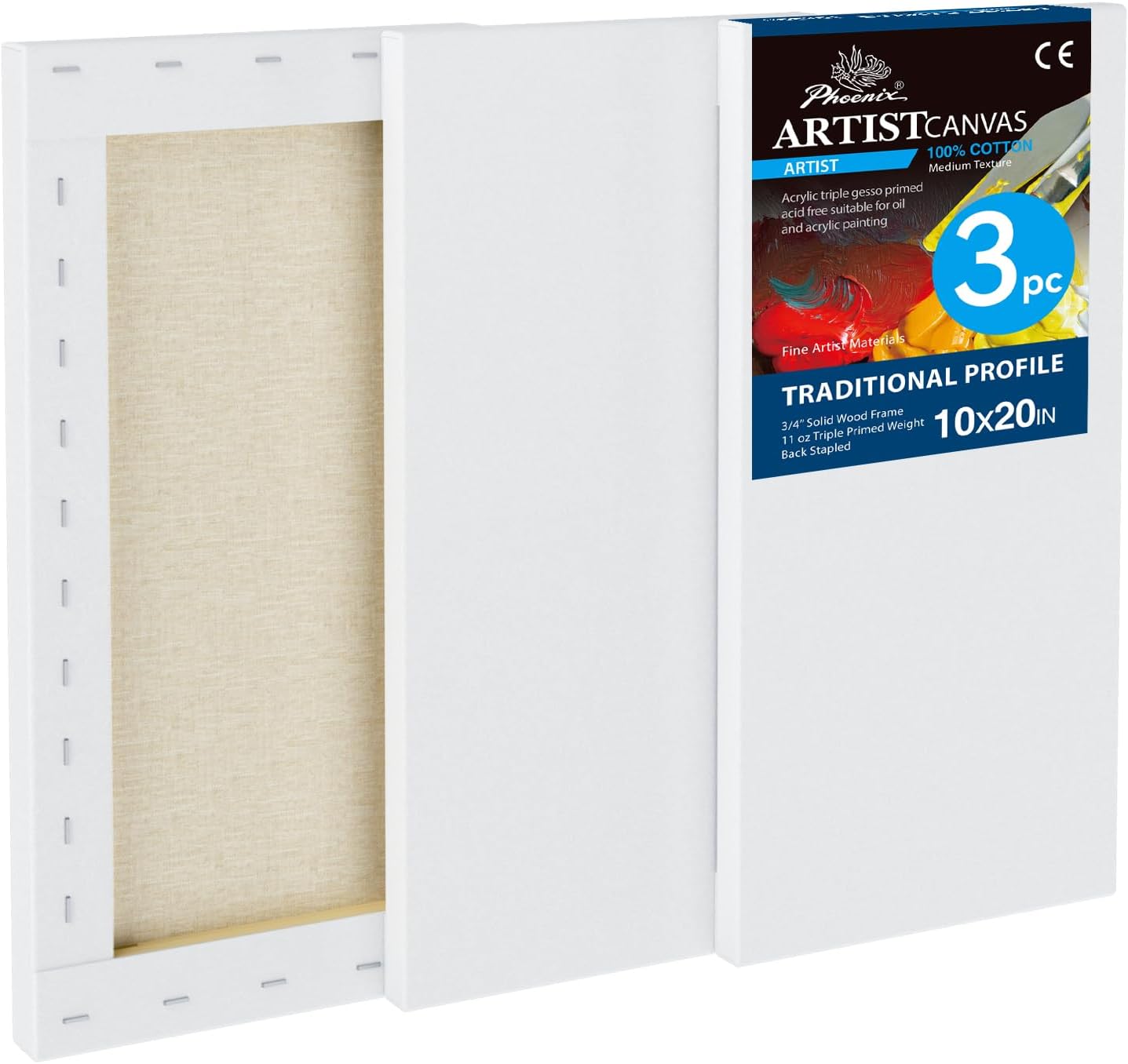 PHOENIX 10x20 Inch 3 Pack Artist Canvas - Long Rectangle Stretched Canvases for Painting - 3/4 Inch Profile, 100% Cotton 11 Oz. Gesso Primed White Blank Professional Canvas Oil & Acrylic Paints