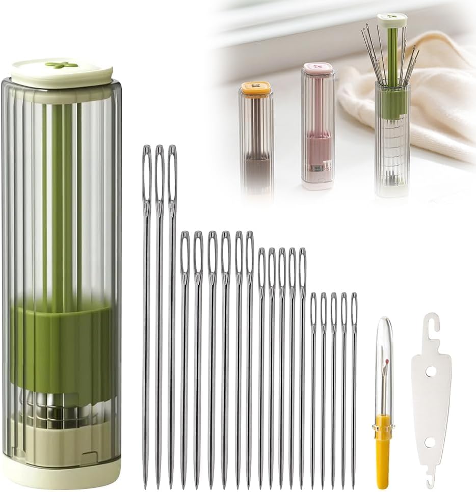 New Sewing Needle Case, Hand Sewing Needle Sewing Tool Set Threader Unthreader Tool, Upgrade Multi-Purpose Large-Eye Stitching Needle and Thread Kit for Leather (Green)