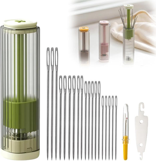 New Sewing Needle Case, Hand Sewing Needle Sewing Tool Set Threader Unthreader Tool, Upgrade Multi-Purpose Large-Eye Stitching Needle and Thread Kit for Leather (Green)