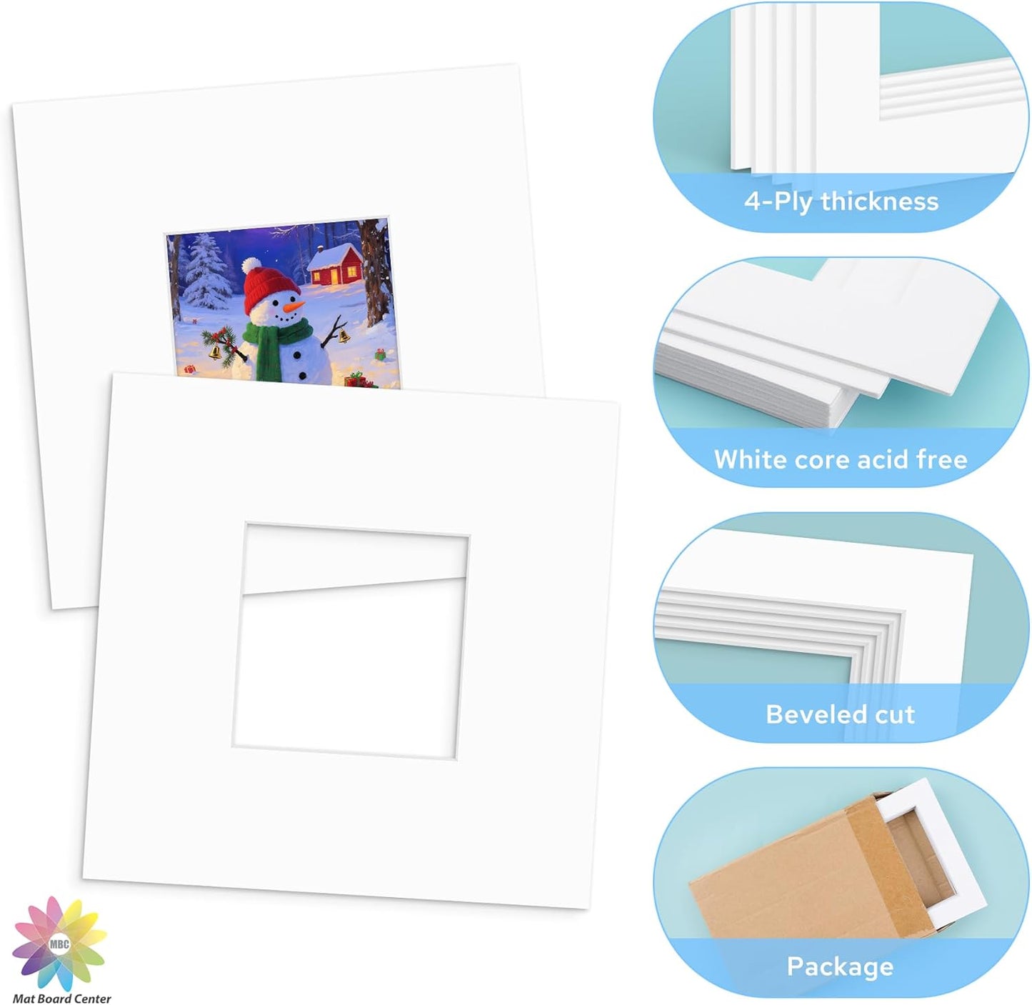 Mat Board Center, 8x8 White Mats for 4x4 Pictures - Acid Free, 4-ply Thickness, White Core, Bevel Cut - for Artworks, Photos, Framing - Pack of 12