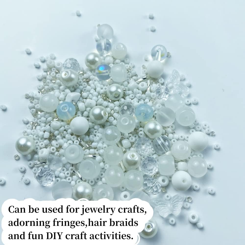 Assorted Glass Resin Beads Multi Size Colors Smooth Cracked Gravel Millet Spacer Beads for Bracelets Necklace Earring DIY Jewelry Making Craft (White Series)