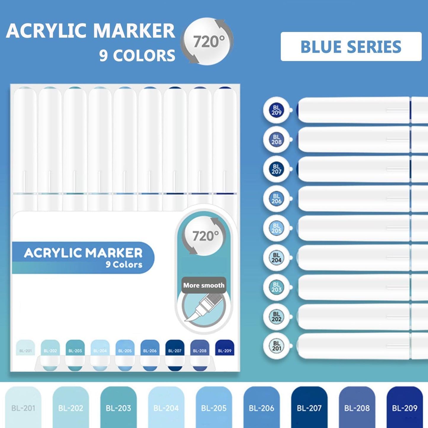 Water Based Acrylic Paint Markers Blue, 9 Colors Acrylic Paint Pens Set with Soft Brush Tip, Marker Pen for Rock Painting, Egg, Wood, Glass, Paper, Mugs, Acrylic Painter Ink (Blue Series)