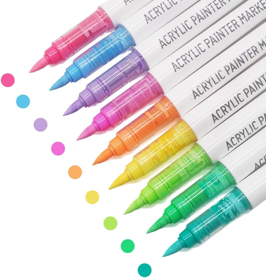 Water Based Acrylic Paint Markers, 9 Colors Acrylic Paint Pens Set with Soft Brush Tip, Marker Pen for Rock Painting, Egg, Wood, Glass, Paper, Acrylic Painter Ink (Dopamine Series-2)