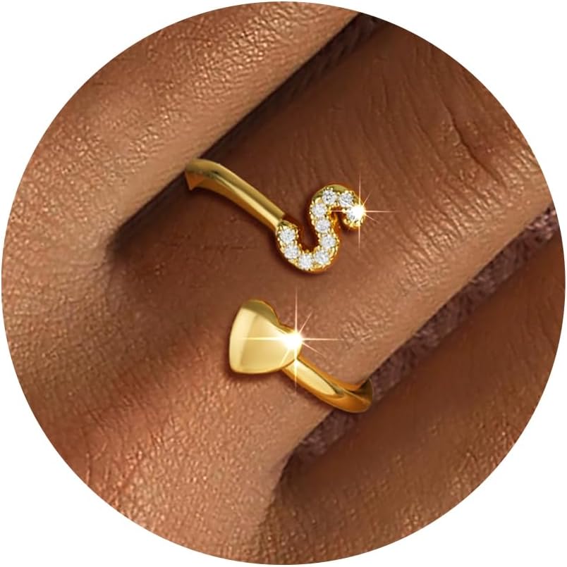 Gold Initial Rings for Women Girls, Dainty 14K Gold Plated Adjustable Initial Rings Cute Heart Zirconia Ring for Women Teen Girl Gifts