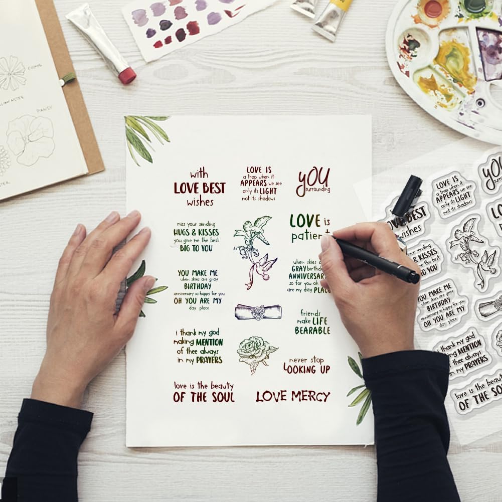 Inspirational Words Transparent Clear Stamps Flower Graduation Cards Silicone Stamps for DIY Scrapbooking Supplies Embossing Paper Card Happy Birthday Clear Stamps for DIY Card Making