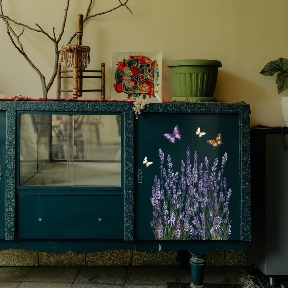 GLOBLELAND 4 Sheets Lavender Furniture Transfer 6x12inch Butterfly and Bee Rub on Transfer Sticker UV Self-Adhesive Wall Art Craft for Bedroom Living Room Desk Table Decoration