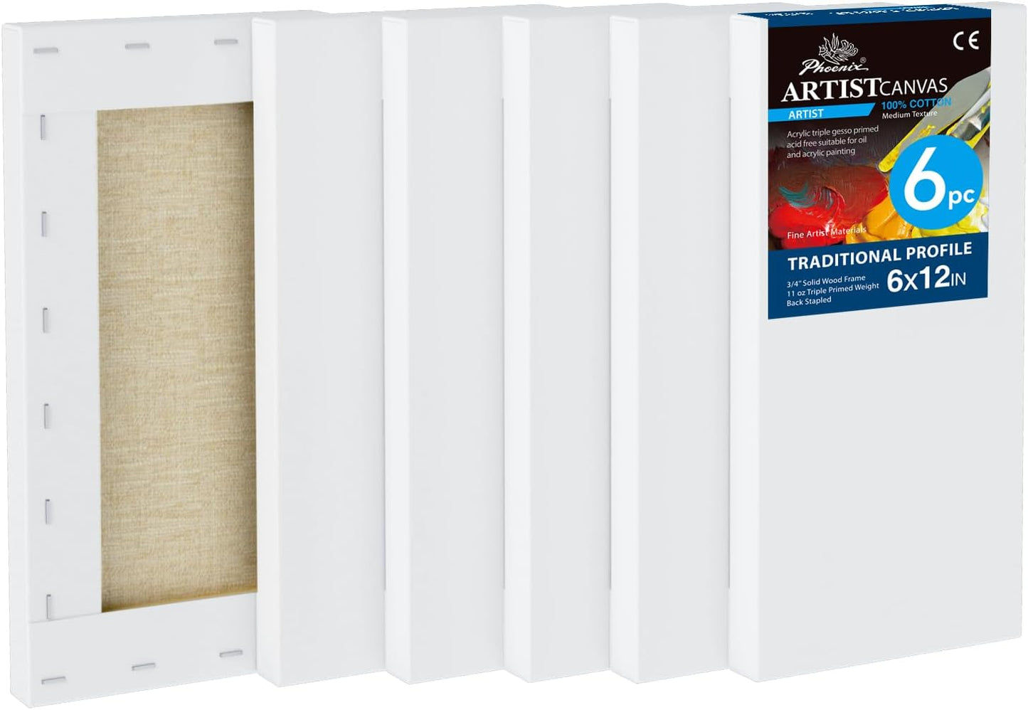 PHOENIX 6x12 Inch 6 Pack Artist Canvas - Small Rectangle Canvases for Painting - 3/4 Inch Profile, 100% Cotton 11 Oz. Gesso Primed White Blank Professional Canvas Oil & Acrylic Paints