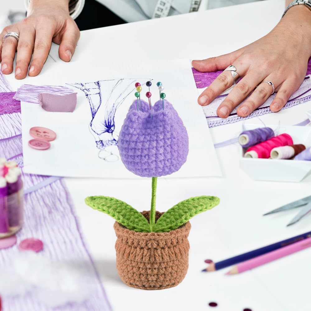 Tulip Pin Cushion, Handmade Knitted Pincushions, Cute Pin Cushions Needle Holders for Sewing Quilting Accessory, DIY Crafts or Patchwork Decor.Flowerpot Design Purple Tulip